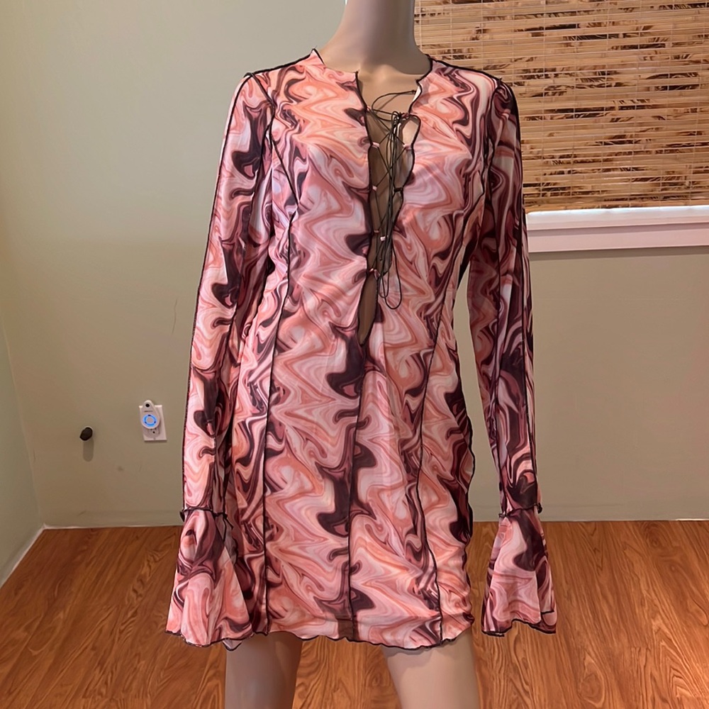 Blanc Clothing Lace-up Dress in Peach Pink Brown Pattern Size XL